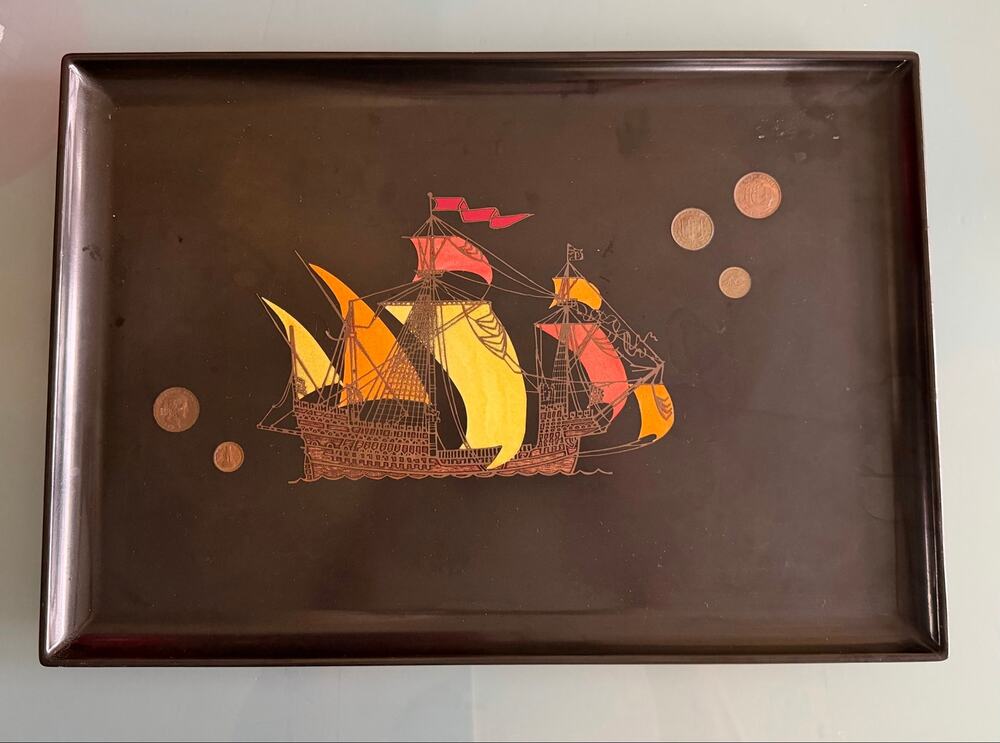 Vintage MCM Couroc of Monterey Sailing Ship w/inlaid coins Bar Serving Tray